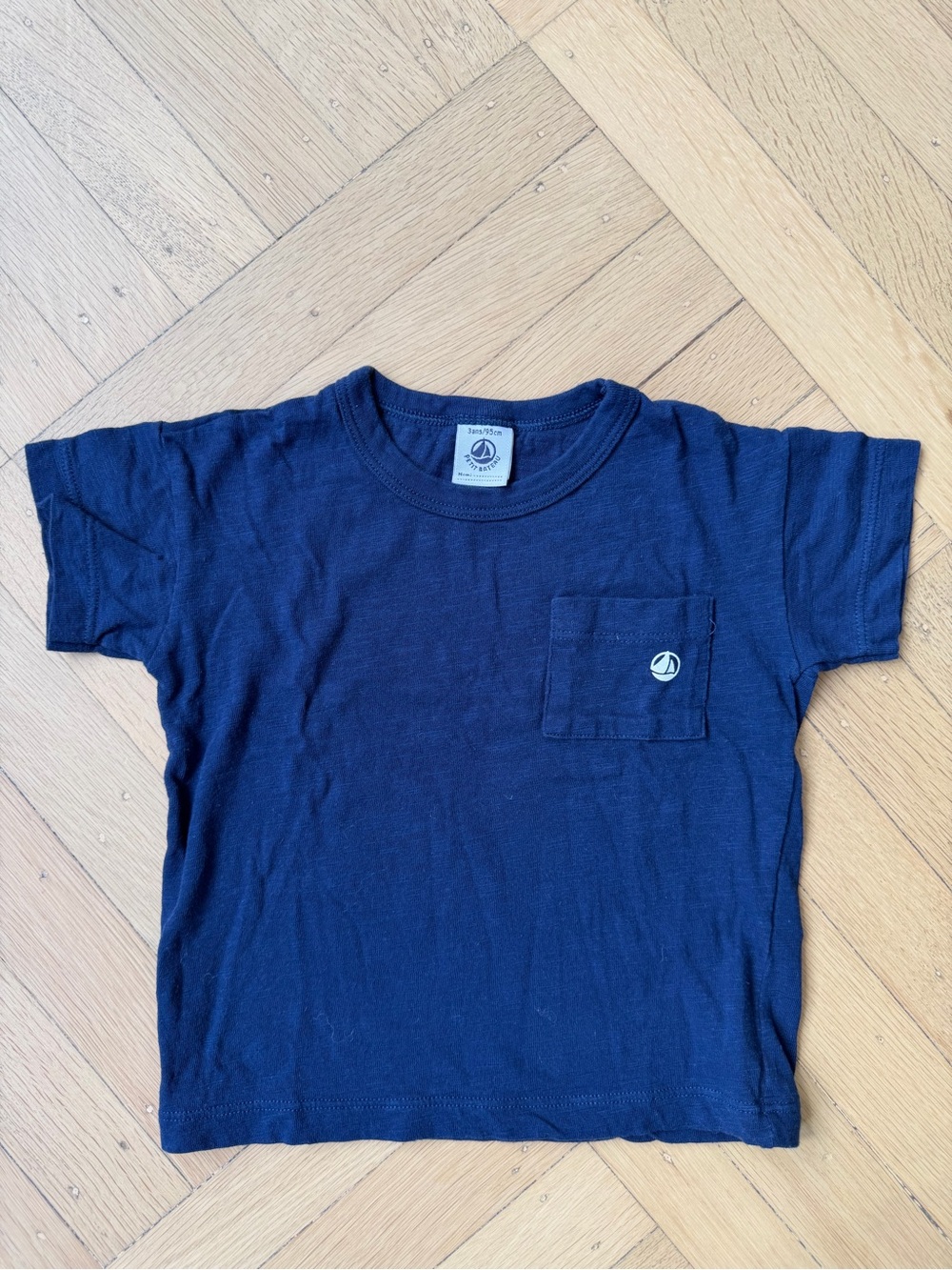 Petit Bateau Navy Short-Sleeve Tee with Sailboat Pocket Patch, Size 3T